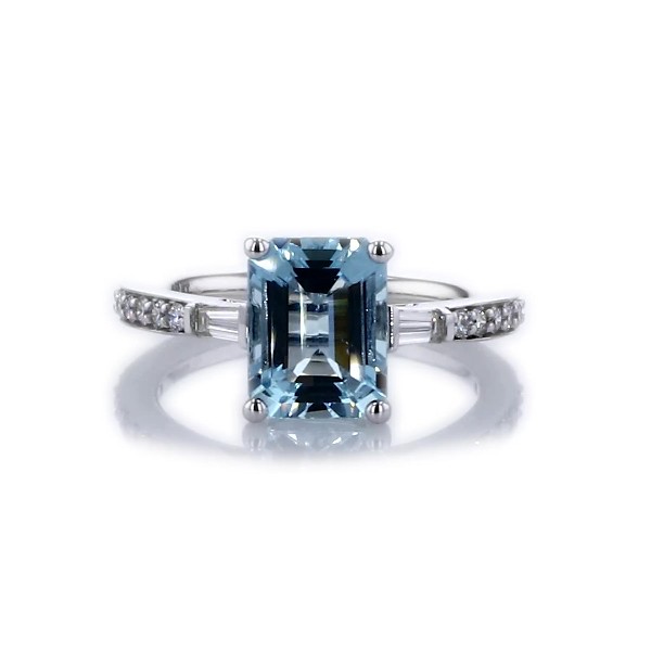 Tapered Baguette Diamond Cathedral Engagement Ring with Emerald-Cut Aquamarine in 14k White Gold (9x7mm)