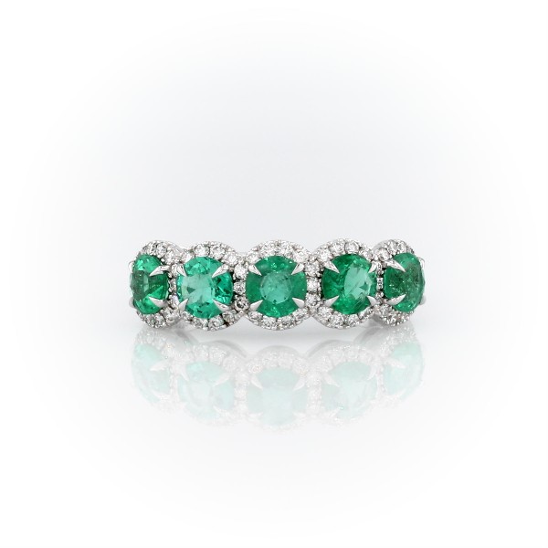 Emerald and Diamond Five-Stone Halo Ring in 18k White Gold (4.5mm)