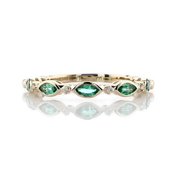 Marquise Emerald and Diamond Ring in 14k Yellow Gold (4x2mm)