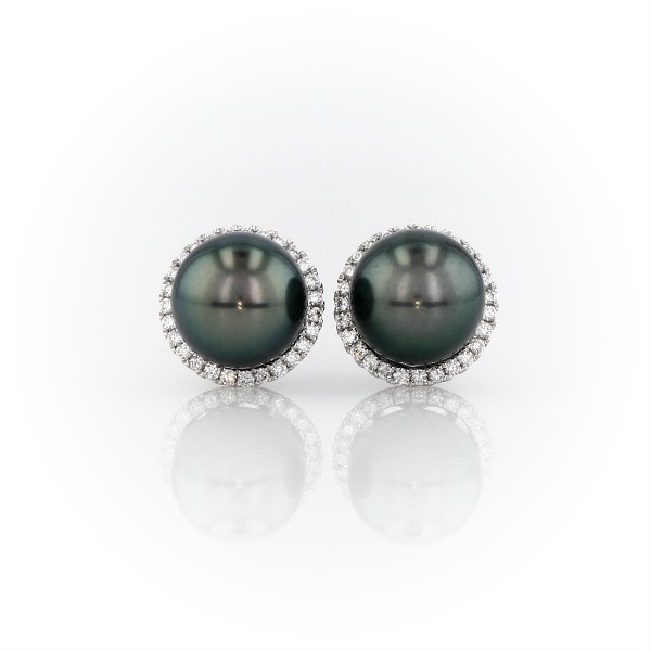 Tahitian Cultured Pearl and Diamond Halo Stud Earrings in 14k White Gold (8.0-9.0mm)