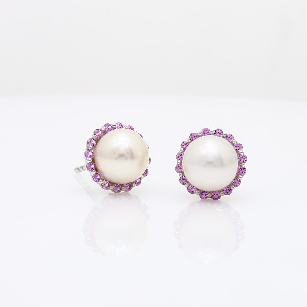Pink Sapphire and Freshwater Cultured Pearl Halo Stud Earrings in 14k ...