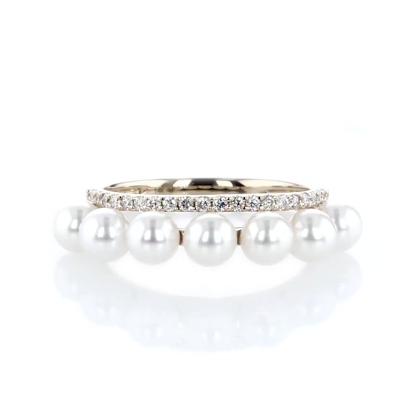 White Freshwater Pearl Fashion Ring with Diamond Detail in 14k Yellow Gold
