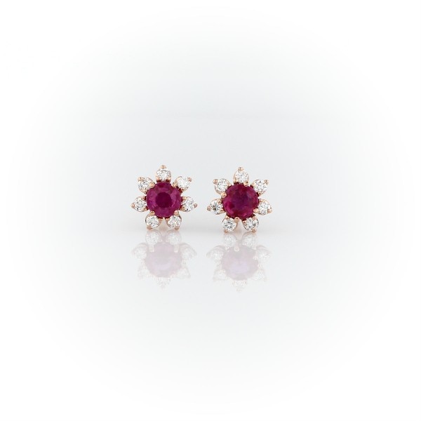 Mini Ruby Earrings with Diamond Blossom Halo in 14k Rose Gold (3.5mm)
