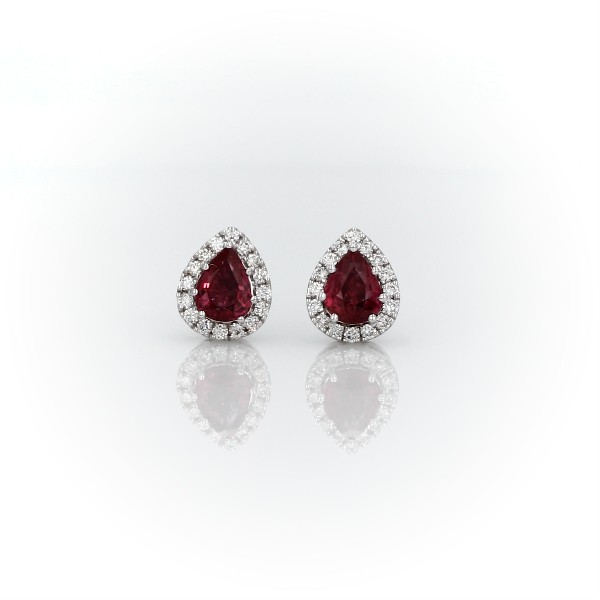 Pear-Shaped Ruby Stud Earrings with Diamond Halo in 14k White Gold (6x4mm)