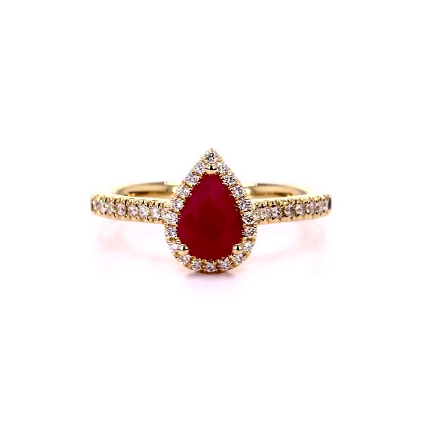 Pear Shaped Ruby and Diamond Halo Ring in 14k Yellow Gold (7x5mm)