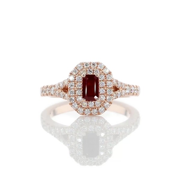 Bague double halo de diamants et rubis taille émeraude en or rose 14 carats(5 x 3 mm)