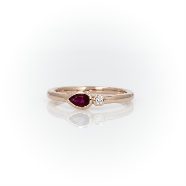 Bezel-Set Pear-Shaped Ruby and Diamond Stacking Ring in 14k Rose Gold (3x5mm)