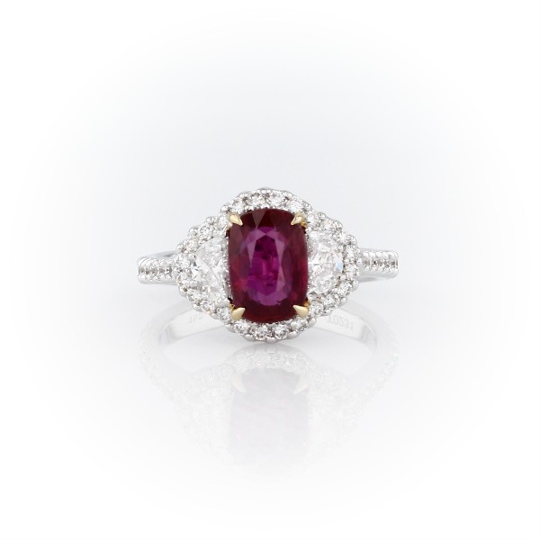 Three-Stone Cushion-Cut Ruby and Half Moon Diamond Halo Ring in 18k White and Yellow Gold (8x6mm)