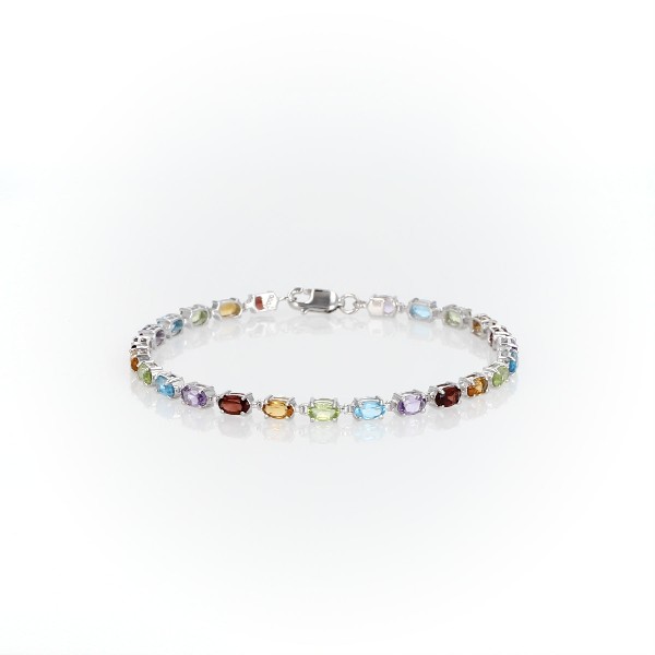 Brazalete de gemas pequeñas ovaladas multicolores en plata de ley (5x3mm)