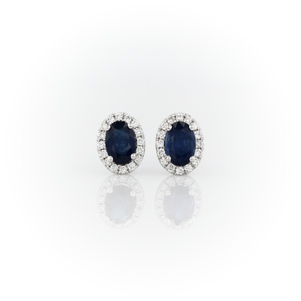 Oval Sapphire and Pavé Diamond Stud Earrings in 14k White Gold (6x4mm)