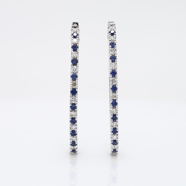 Sapphire and Diamond Oval Hoop Earrings in 14k White Gold (1.4mm)