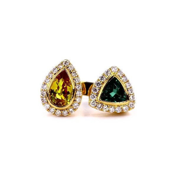 Yellow Sapphire and Green Tourmaline Two Stone Ring in 18k Yellow Gold