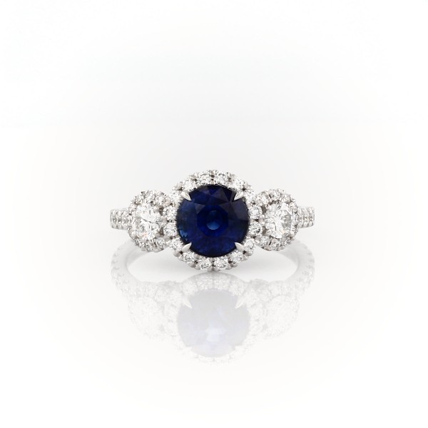 Sapphire and Diamond Halo Three-Stone Ring in 18k White Gold  (7mm) 