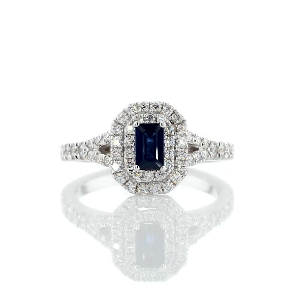 Emerald Cut Sapphire and Diamond Double Halo Ring in 14k White Gold (5x3mm)