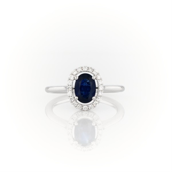 Floating Oval Sapphire and Diamond Micropavé Diamond Halo Ring in 14k White Gold (7x5mm)
