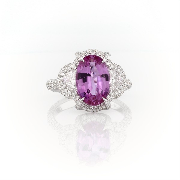 Pink Sapphire and Diamond Halo Ring in 18k White Gold (3.44 ct. center)