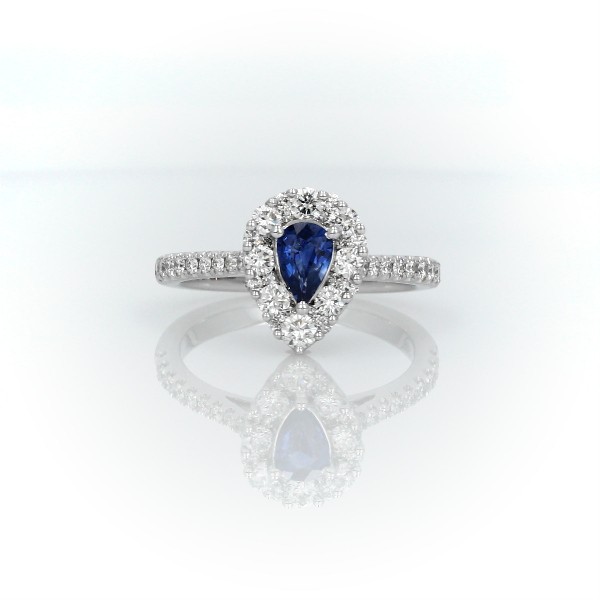 Pear Sapphire Ring with Diamond Halo in 14k White Gold (6x4mm)
