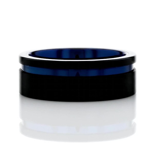 Asymmetrical Black & Blue Engraved Wedding Ring in Tungsten (8mm)