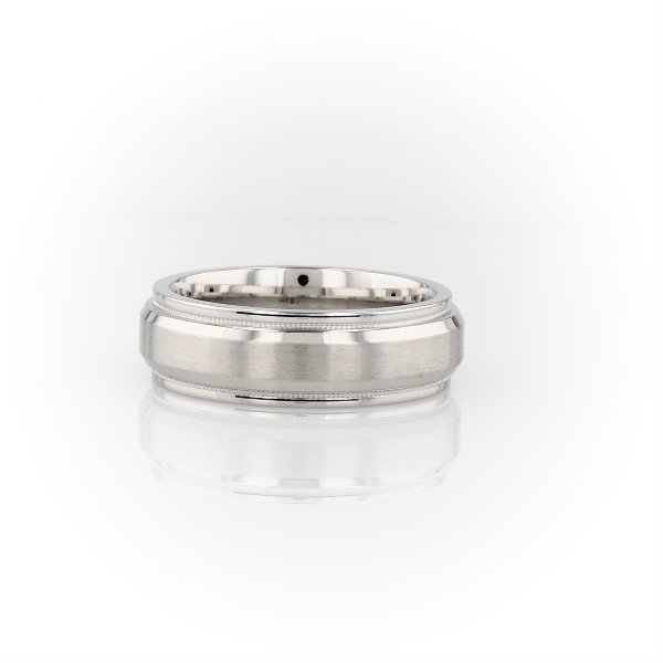 14k 白金磨砂拼嵌锯状滚边和圆沿结婚戒指（6 毫米）