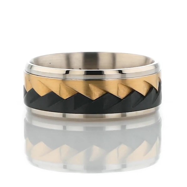 Two-Tone Braided Sawtooth Wedding Ring in 14k White & Yellow Gold with Black Titanium (9 mm)