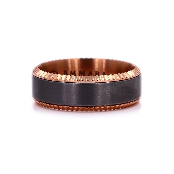 Satin Centre Coined Bevel Edge Wedding Ring in Tantalum and 14k Rose Gold (8 mm)